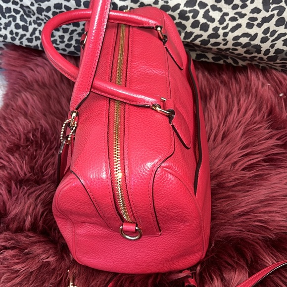 COACH Red Pebble Leather Handbag Satchel Shoulder strap Custom details Stripe - Picture 6 of 11